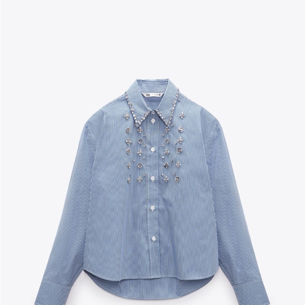 Zara Blue Striped Blouse with Embellishments